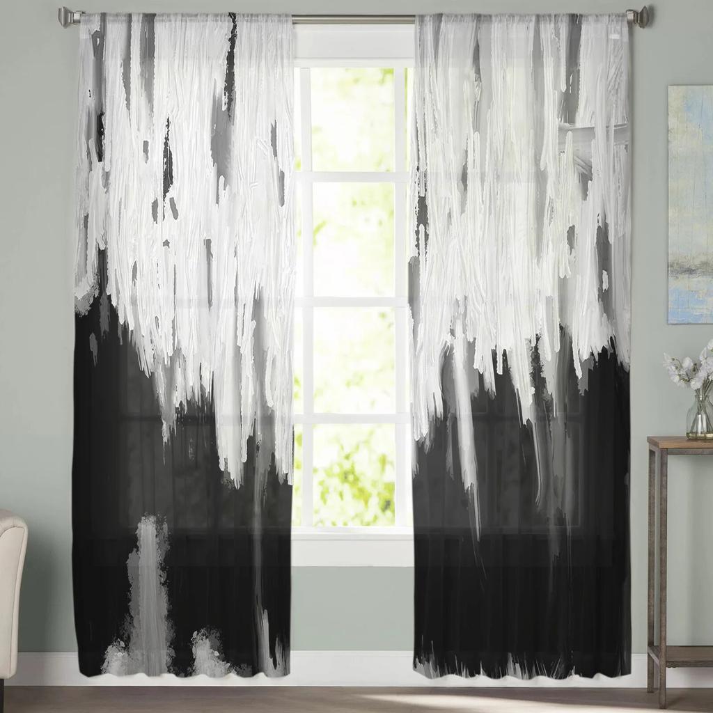 Black Oil Painting Abstract Texture Chiffon Sheer Curtains for Living Room Bedroom Decoration Window Tulle Curtains Drapes