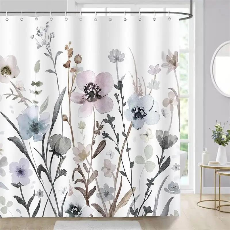 Eucalyptus Leaves Shower Curtain Watercolor Hanging Brown Leaf Pink Floral Fall Bath Curtains Fabric Bathroom Decor with Hooks