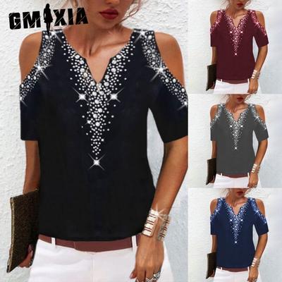 Damenmode, lässig, einfarbig, kurzärmelig, V-Ausschnitt, Blusen und Hemden