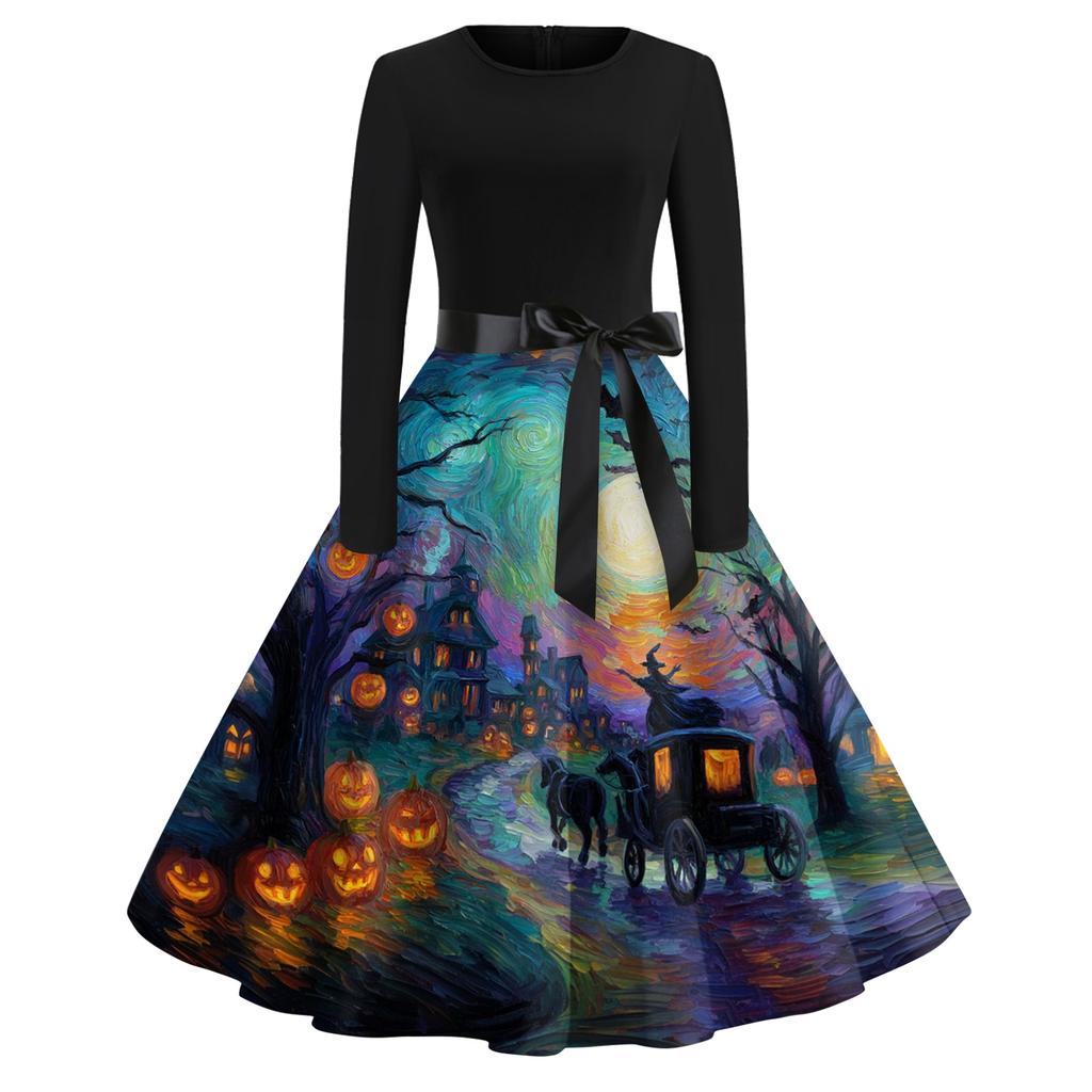 Women's Vintage Long Sleeve Round Neck Halloween Party Dress with Printed Skirt and Waist Tie Elegant Retro Style
