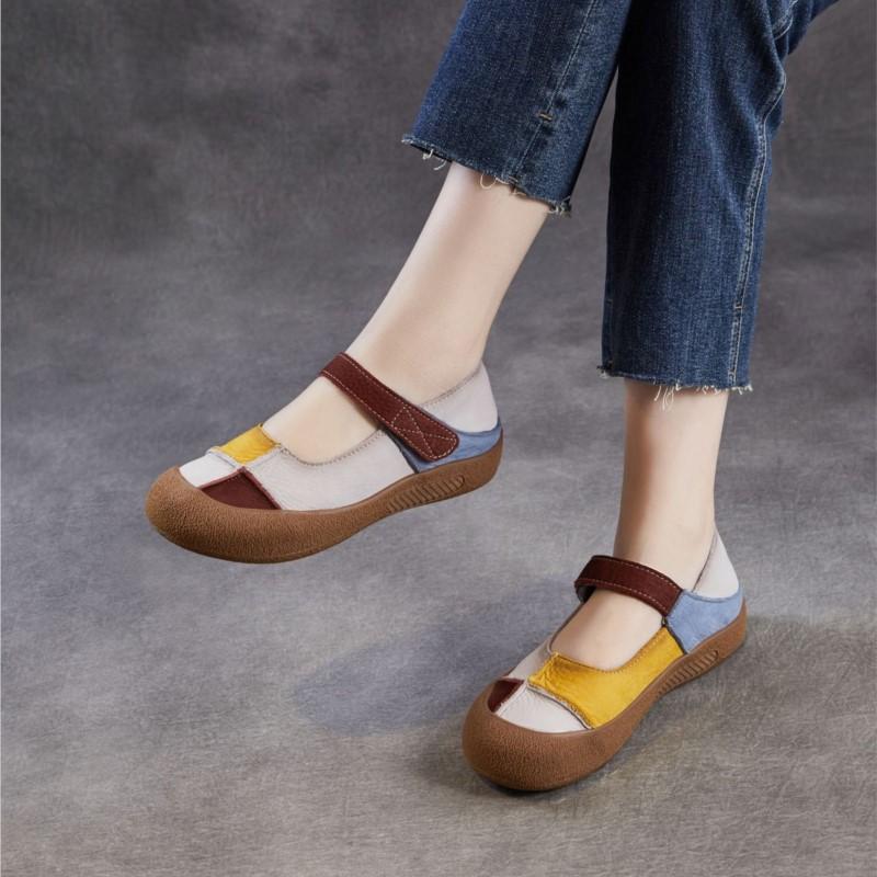 Johnature Genuine Leather Mixed Colors Soft Soled Women's Shoes Retro Round Toe Shallow Flat Shoes