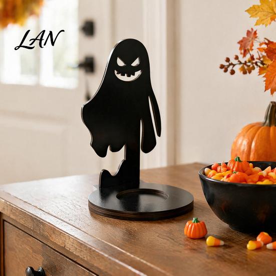 Spooky Pumpkin Tea Light Decor Halloween Wooden Candle Holder, Black Hollow Crow Spider Tealight Display Party Atmosphere Stand, Gothic Silhouette