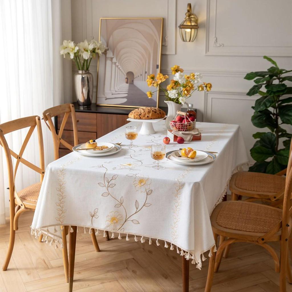 Ying Cross-Border Cotton Linen Embroidered Tablecloth, French Retro American Style, Rectangular.
