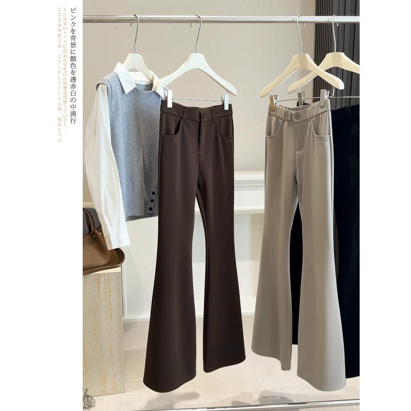

Spring and summer thin elastic micro-pull pants women s high waist thin ice silk drape quick-drying suit horn long pants S кофейный