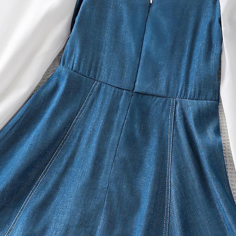 Girls Dress for Children's Clothing 2025 Autumn Square Collar Bow Long Sleeve Splicing Denim Skirt for Girl