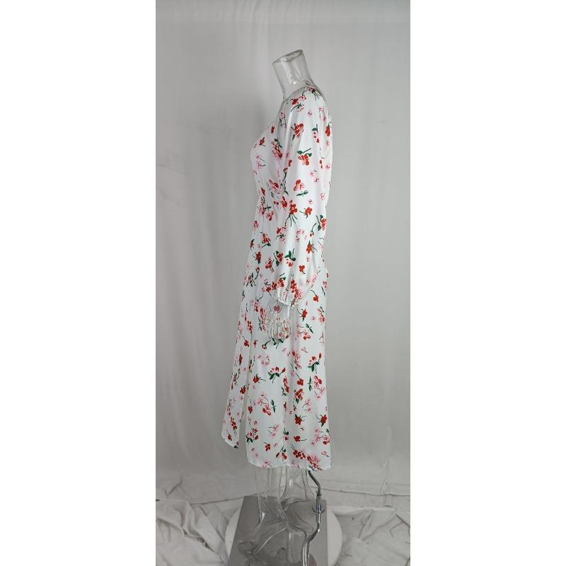 Spring Women's Temperament Elegant Printed Lantern Sleeve Split Dresses