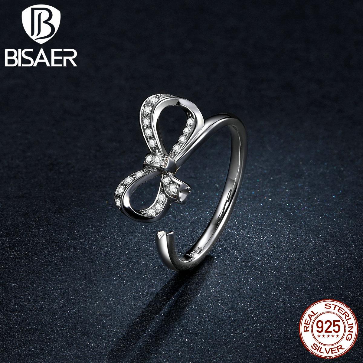 

Кольца на палец BISAER из стерлингового серебра 925 пробы с бантиком и лентой для женщин, штабелируемые регулируемые кольца с CZ серебряный