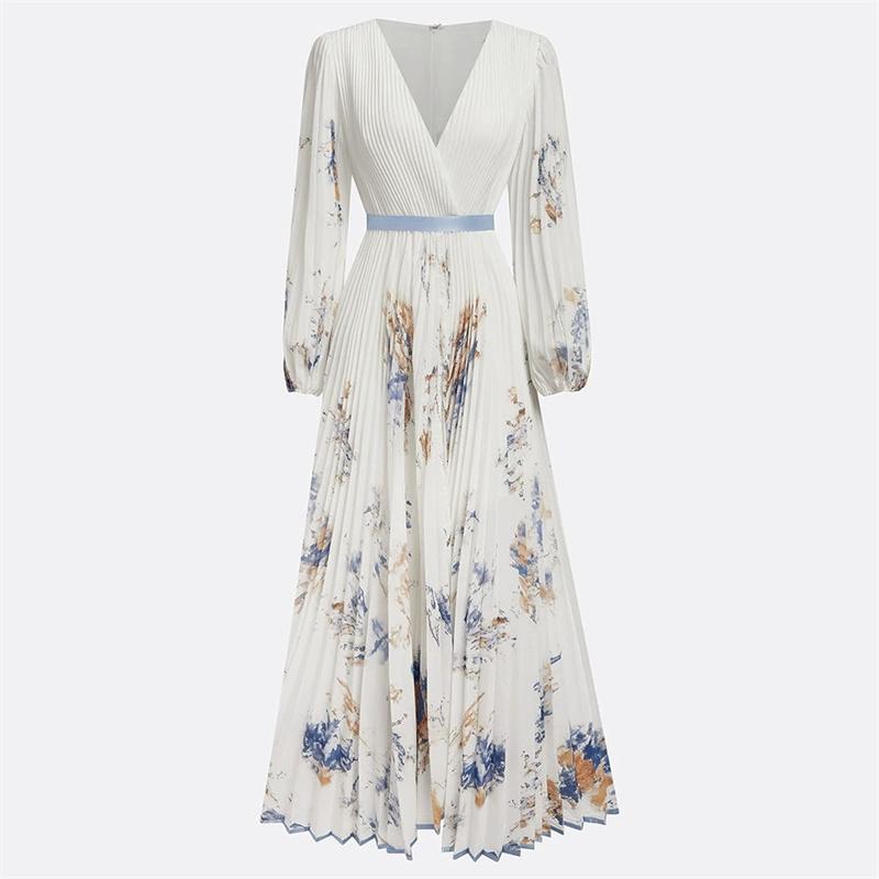 Spring Summer Ladies Elegant Dress Sexy V-neck Print Long Sleeve Big Swing A-line Holiday Dress Women Maxi Dresses Clothing