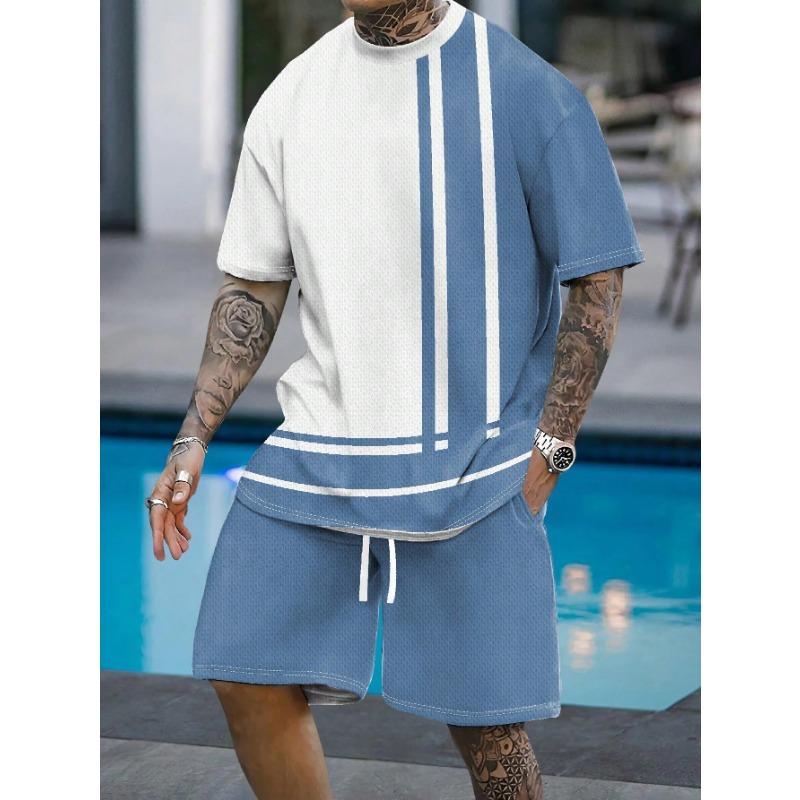 Casual Stripe Printed T-shirt Shorts Set Large Size Loose Men's Short Sleeve Tee Elastic Waist Shorts 2-piece Set Sports Clothes
