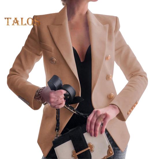 Women Suit Coat Lapel Long Sleeve Solid Color Suit Jacket Loose Fit Double Breasted Work Outwear Business Casual Wear