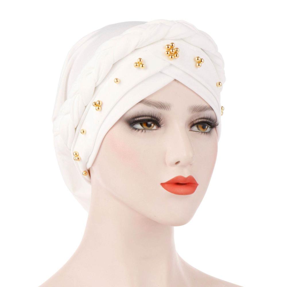 Ensfarget Milk Silke Muslim Hat Bohemian Beads Flettet Elastisk Dame Dame Myk India Cap Beanie