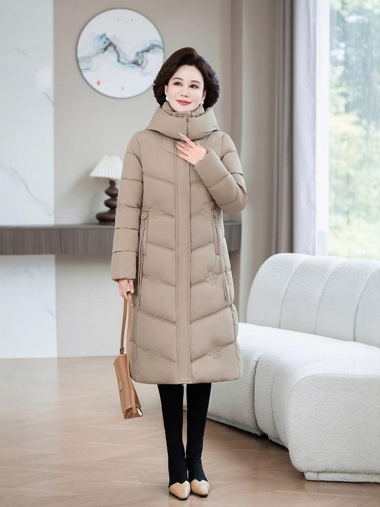 Middle-aged and Elderly Thickened Long Padded Jacket Women, Hooded Windproof Padded Jacket, Simple Solid Color Mother Winter Coat
