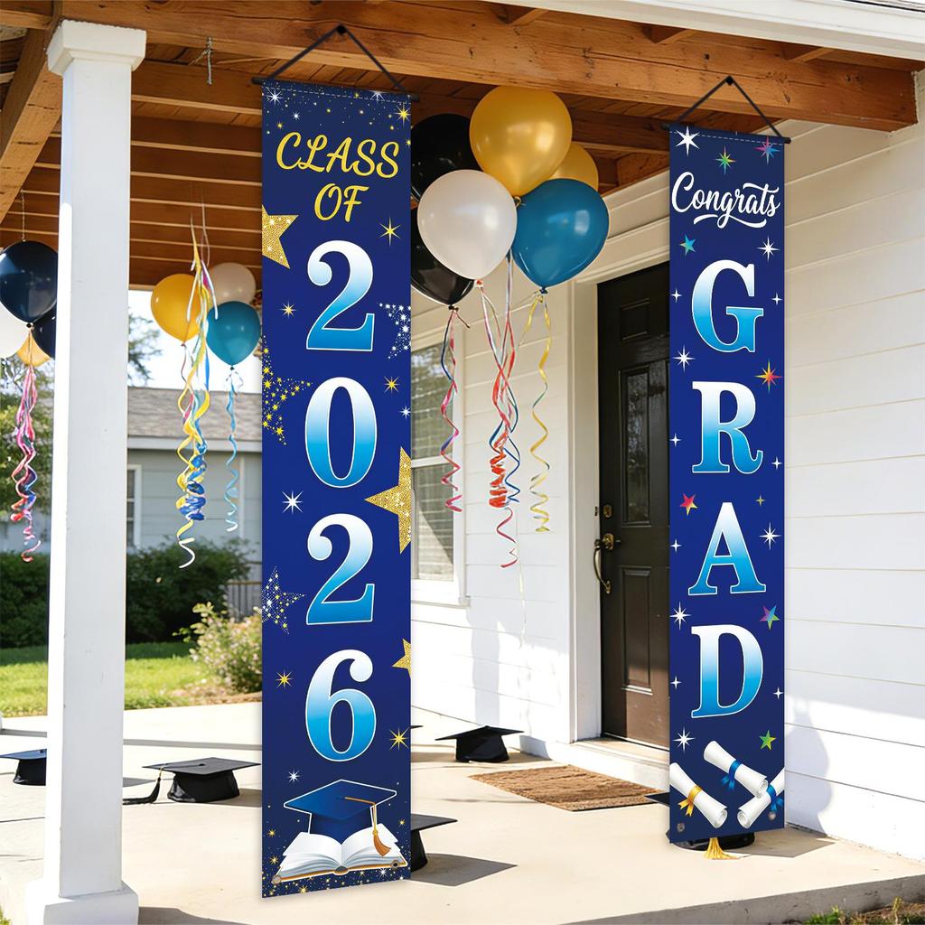 1 Set Polyester Graduation Door Banner Set Class of 2026 Pattern Hanging Porch Signs for Graduation Party Front Door Porch Decor