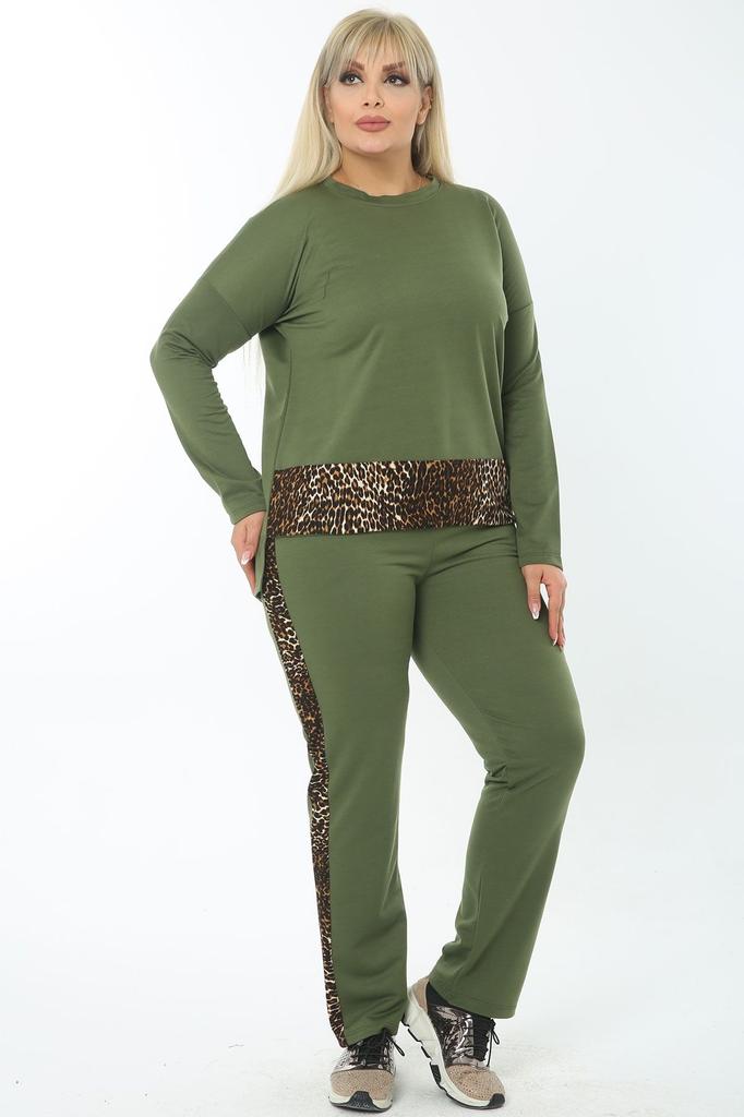 Damenmode Große Größe Trainingsanzug Set Übergröße Baumwolle Lila Hose Trainingsanzug Set mit Leopardenmuster-Verzierung an der Seite und Taille