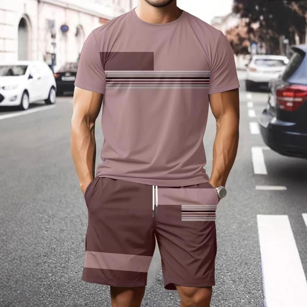 Summer  Arrival Men's Casual Two-Piece Set Striped Print Short-Sleeve Shirt and Athletic Shorts Set