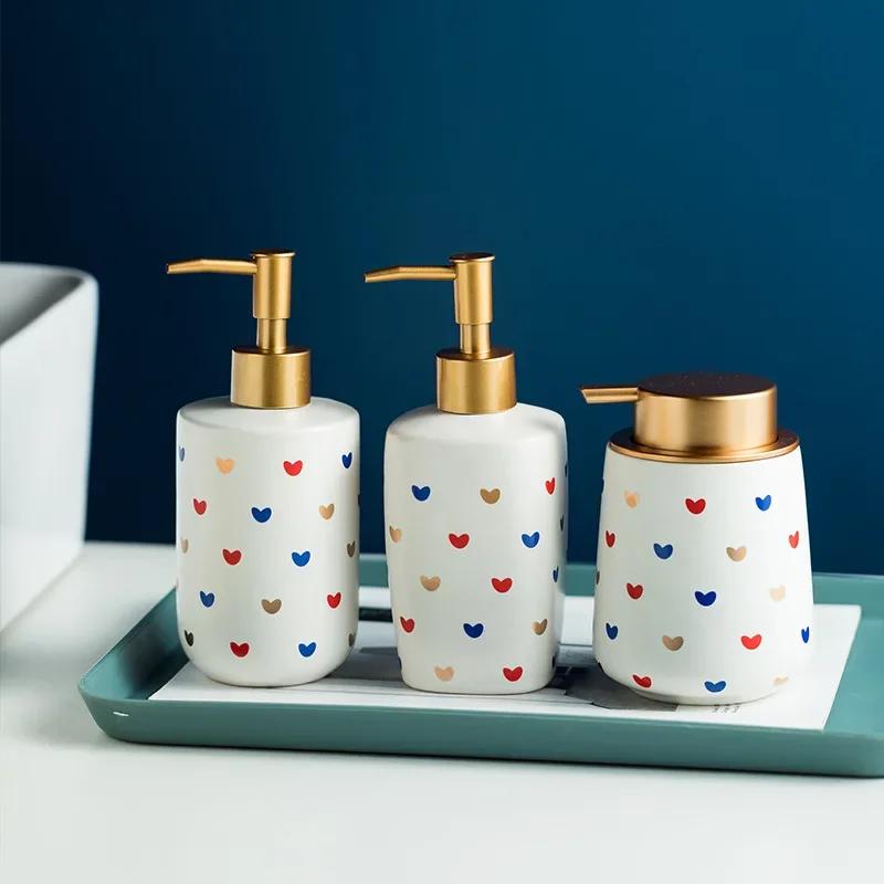 Cute Heart Print Soap Dispenser Ceramic Bathroom Accessories Hand Sanitizer Shampoo Body Wash Lotion Refillable Pump Bottle