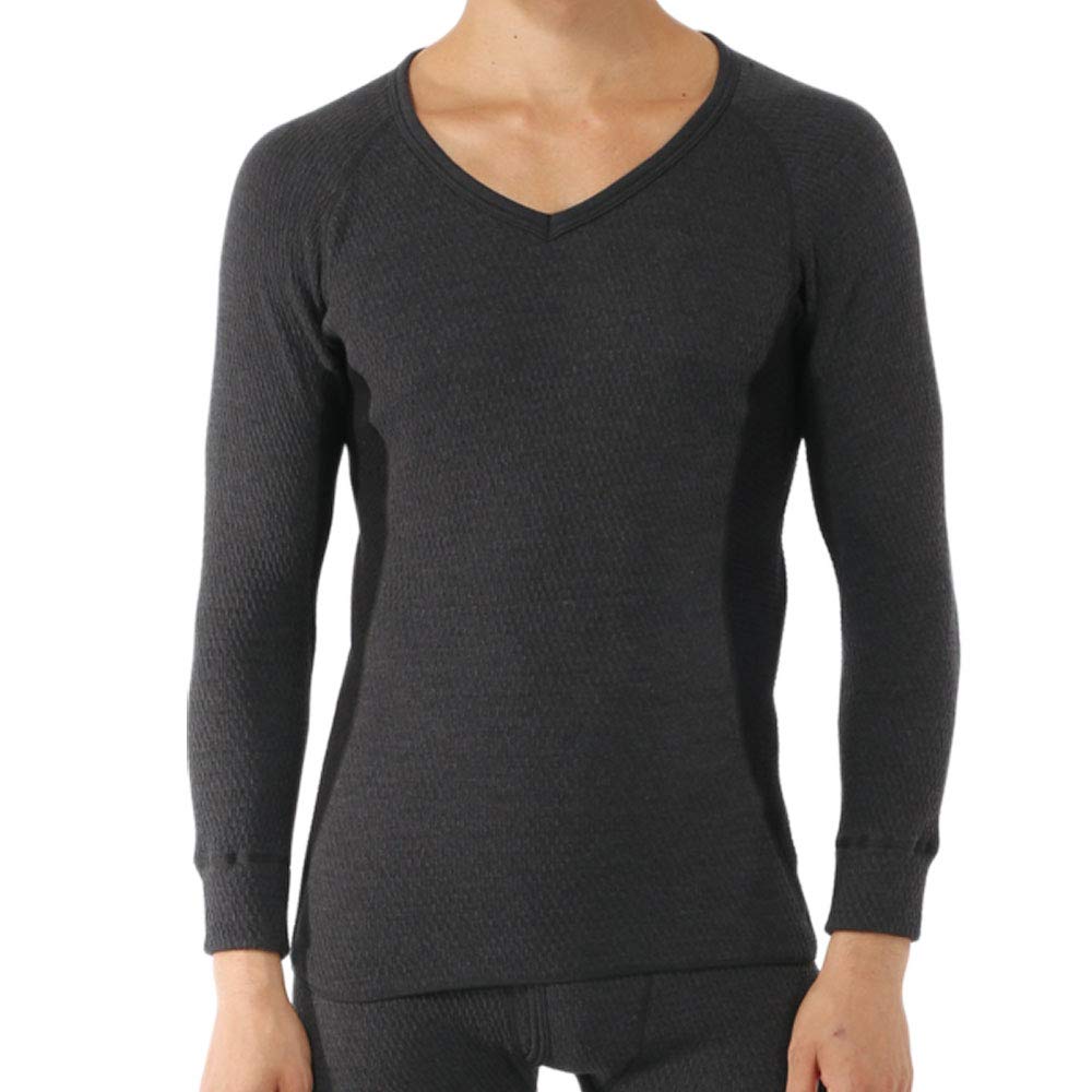 Hidamari McKinley Long Sleeve Warm Size Charcoal Gray x Black Men's V-Neck Shirt, Underwear, Triple-Layer Construction, L, [MCN932-GBK]