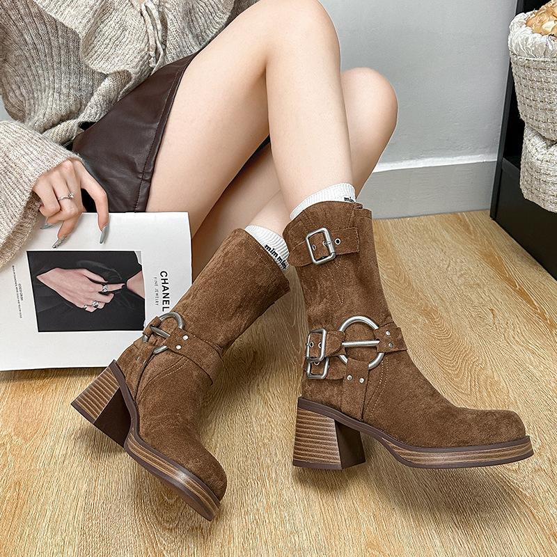 Stiefel Herbst dicker Absatz eckige Spitze Western-Cowboystiefel neue mittelhohe Stiefel mattes Leder Kurzstiefel modisch und vielseitig