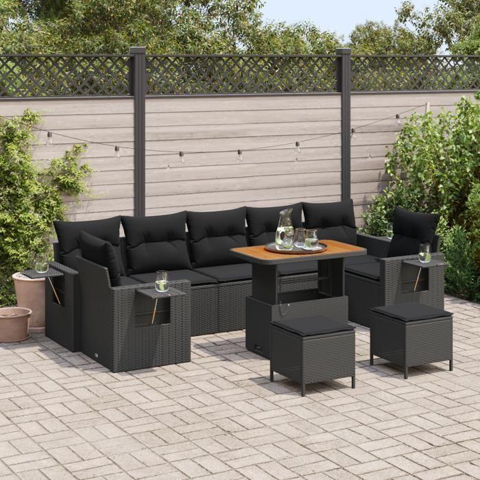 VidaXL Canapé de Jardin 10 Pièces avec Coussins Poly Rattan Noir 3361729
