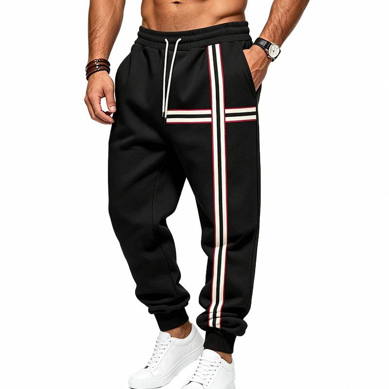 Men Stripe Jogger Sweatpants, Elastic Drawstring Waist Stripe Thigh Panel Side Hand Pockets Ribbed Ankle Cuffs Soft Fleece‑Lined Casual Trousers