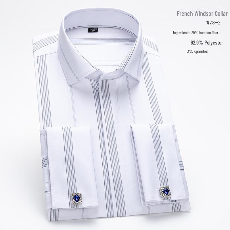 Men's Formal White Long-Sleeve Shirt with Windsor Collar and Bamboo Fiber French Cuff