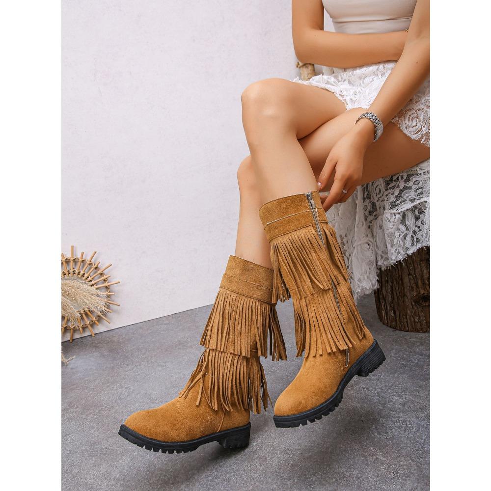 Dámské semišové boty s dvojitým třásněm, kotníkové boty na robustním středním podpatku se zipem na boku a kulatou špičkou, široké lýtko, nadměrné velikosti, dlouhé boty na podzim/zimu