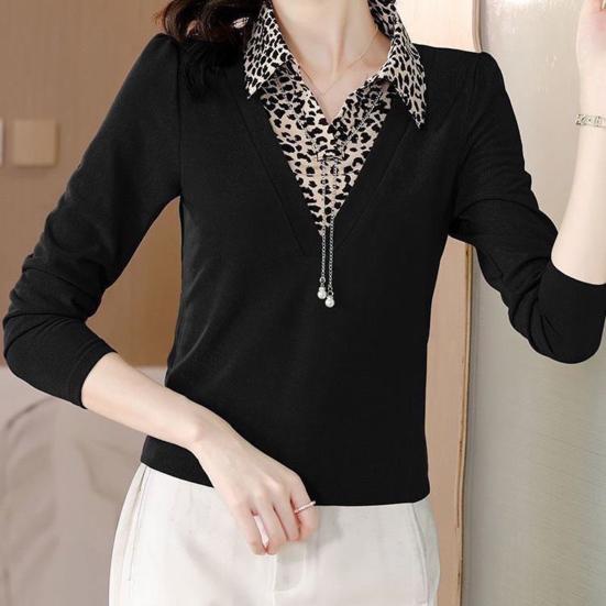 Women Leopard Print Jacket Patchwork Fake Two-Piece T-shirt Spring Autumn Casual Long