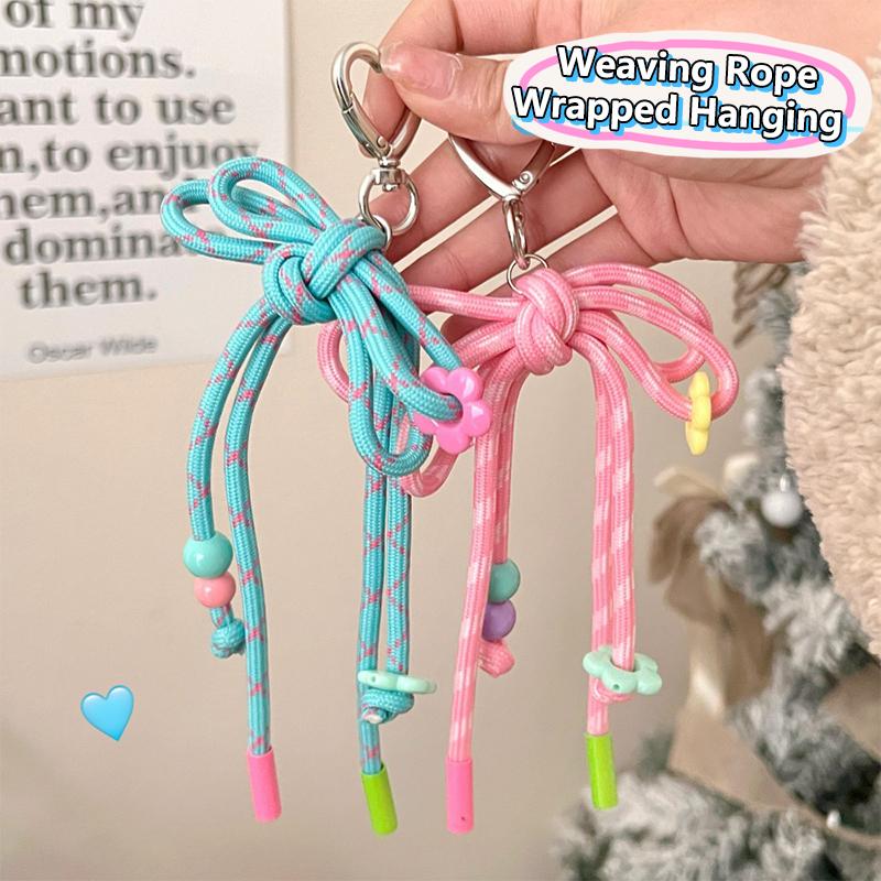 Creative Ins Style Braided Colorful Rope Keychain Trendy Bow Keyring For Girls Bag Pendant Backpack Hanging Decoration