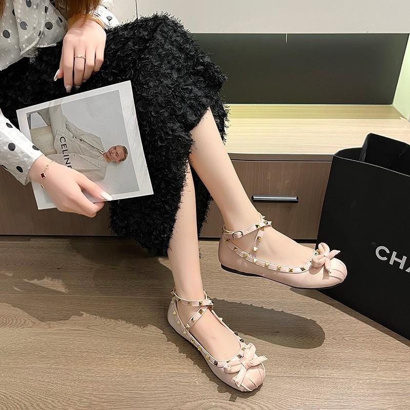 Pink bow soft-soled rivets Mary Jane single shoes women's shoes 2025 new summer flat-soled retro evening shoes