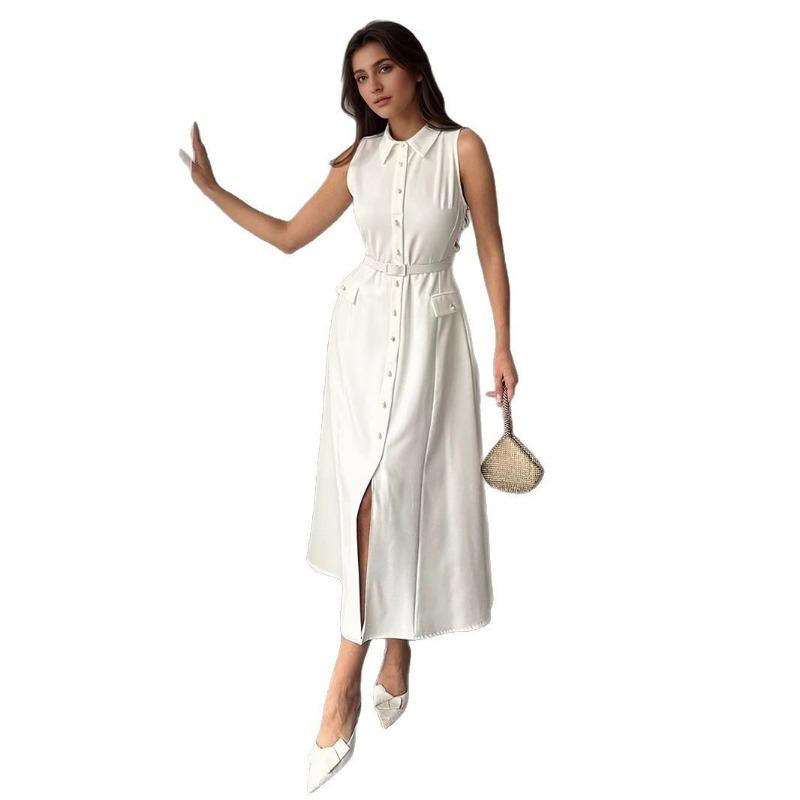 Women's Sleeveless Waistband Pearl Button Slimming Slit Work Dress