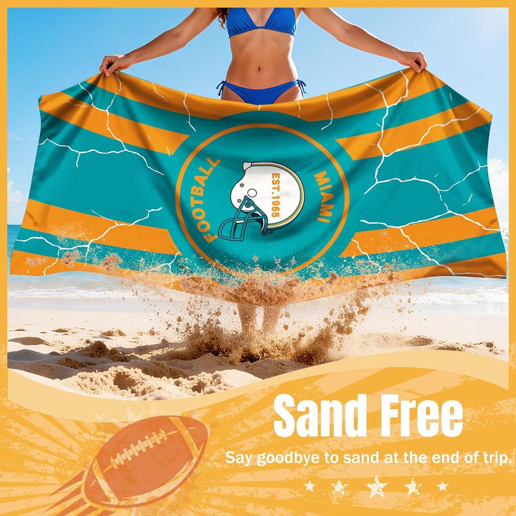 Miami Football Fan Beach Towel, Aqua and Orange Team Color Design Quick-Dry Sand-Free Bath Towel, Unique Gift for Men