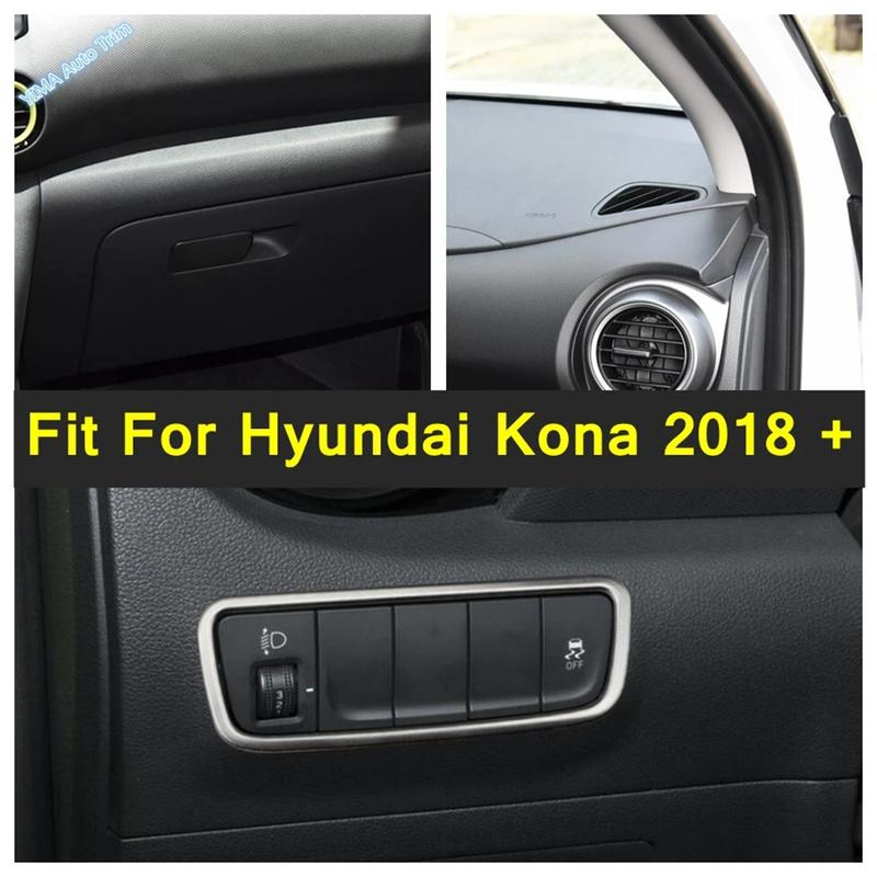 Stainless Steel Auto Head Lights Switch Button Decor Cover Trim Accessories For Hyundai Kona 2018 - Black Brushed Interior