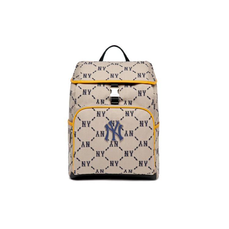 New MLB Monogram Collection Polyester With Artificial Leather Laptop Bag Backpack Regular Unisex Beige 3ABKM022N-50BGS