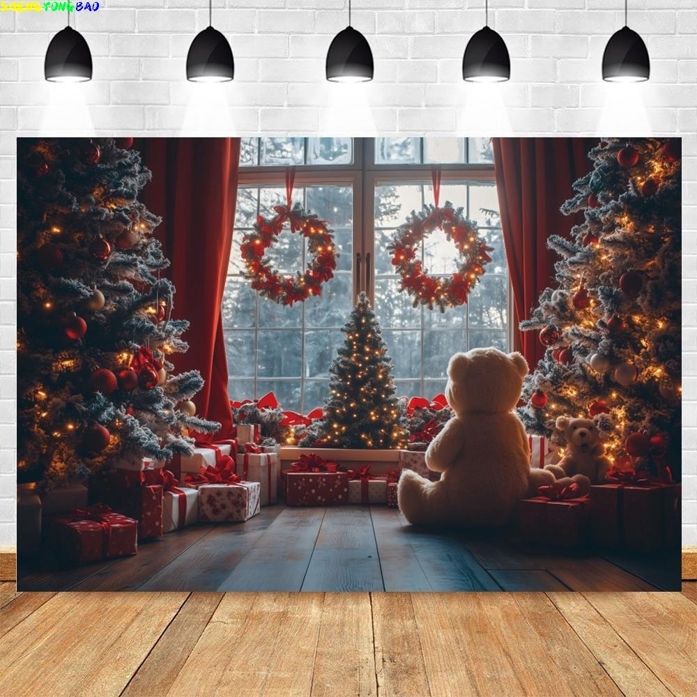 Winter Christmas Night Window Backdrop Xmas Trees Toy Bear Background Photography for Christmas New Year Party Decor Banner