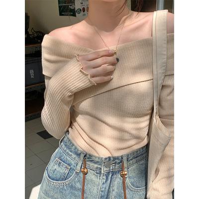 Einfarbig schulterfrei langärmlig gestrickter Pullover Herbstdesign Gefühl fauler Wind reine Begierde Innenstrickjacke reine Begierde