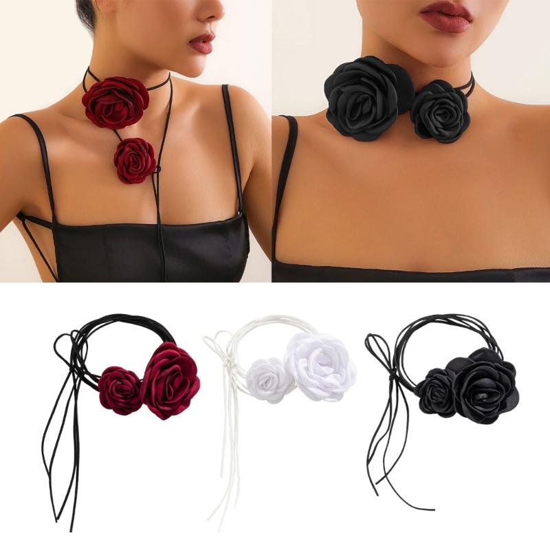 Y2K Adjustable Rope Necklaces with Big/Small Rose Pendant Charm, Fashionable Gothic Clavicle Chain Trendy Neckwear Gift