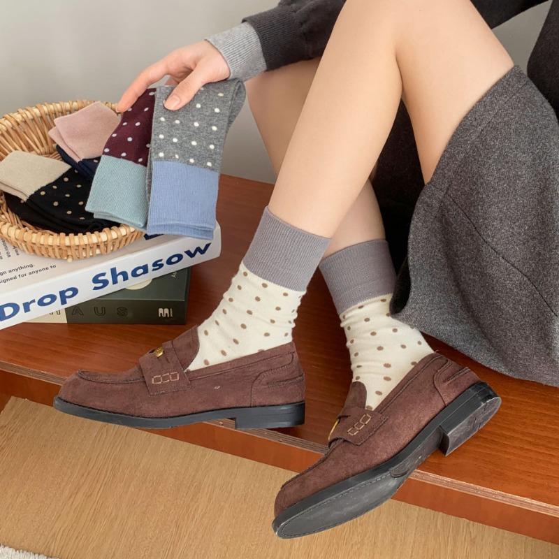 Mid-calf Socks for Women, Spring and Autumn Color-blocking Pile Socks, Retro Polka Dot School Style Cotton Socks for Women