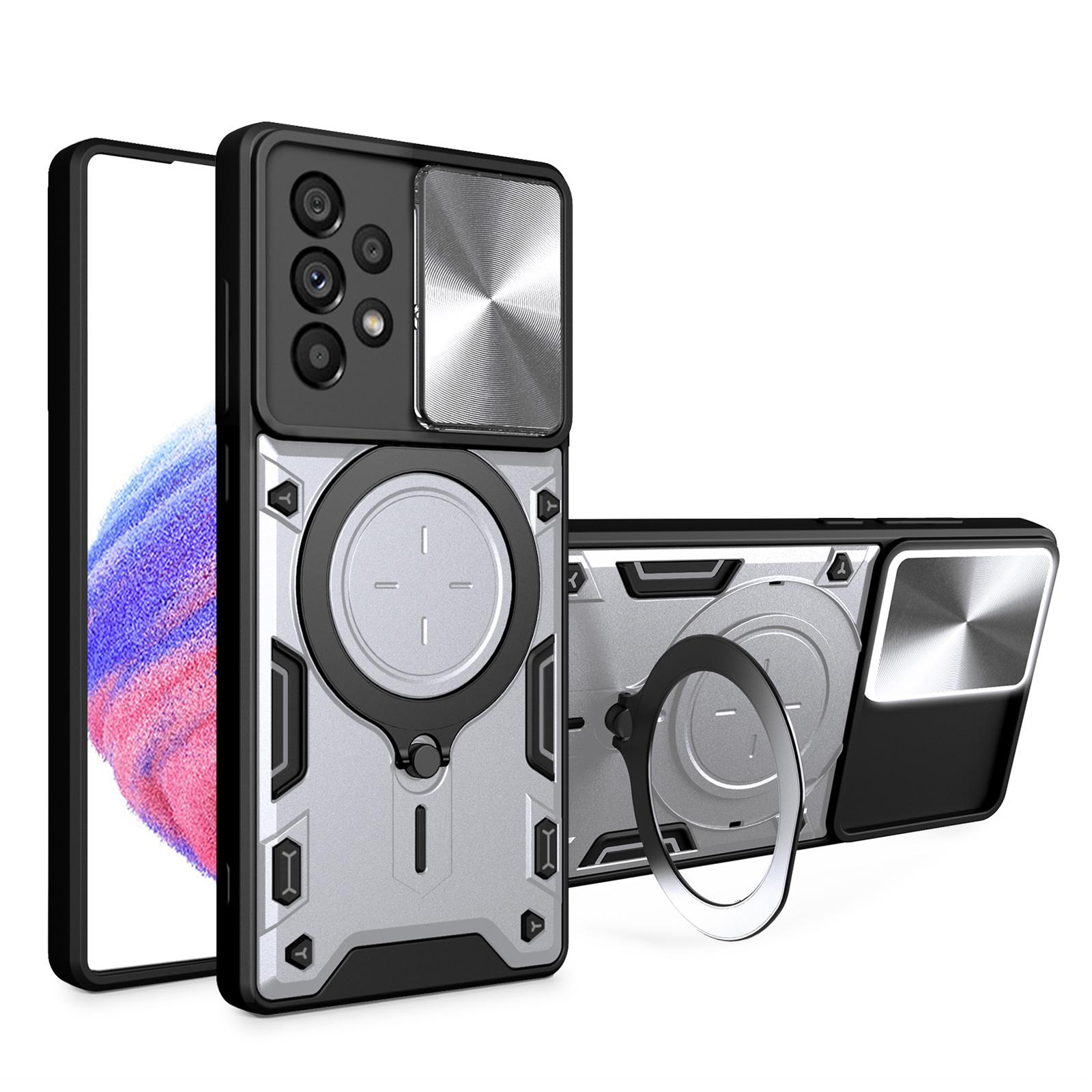 

For Samsung Galaxy A53 5G TPU+PC Phone Case Kickstand Shockproof Cover with Slide Camera Lens Protector Silver