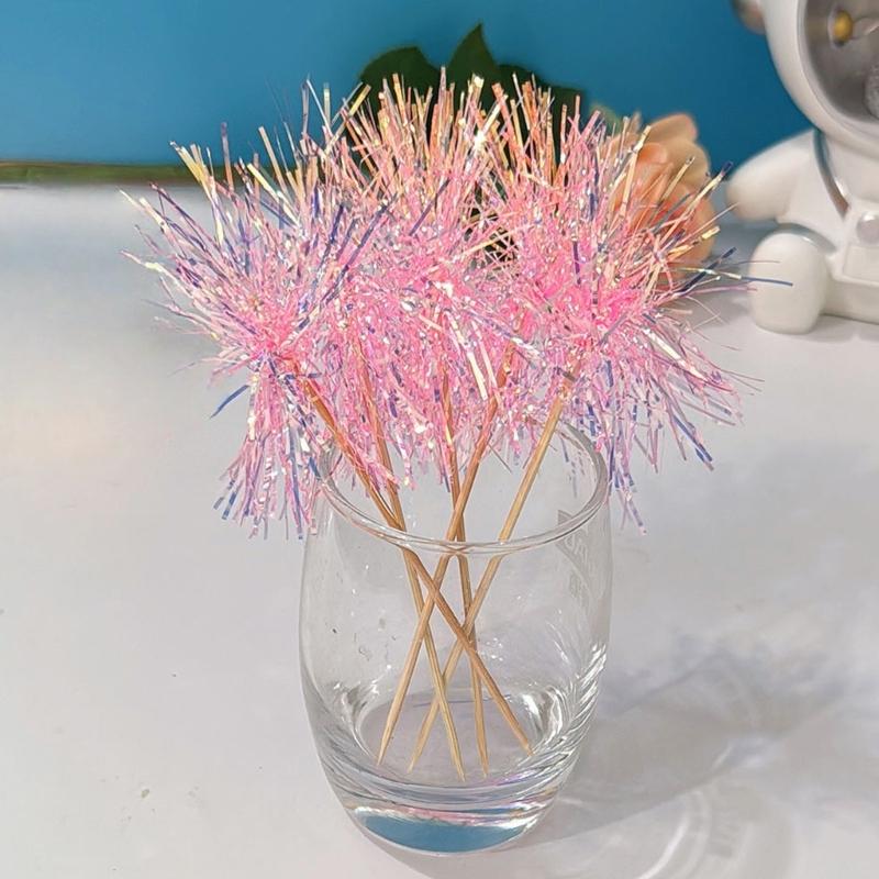 10Pcs Wooden Cake Decorations Colorful Tinsel Cake Insert Sticks Embellishments For Birthday Wedding Anniversary Party