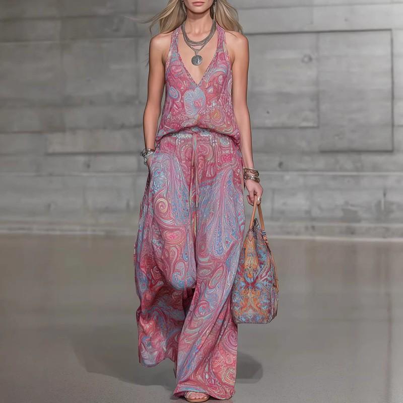 Women s Casual Printed Collar Sleeveless Chiffon Pants Suit Women XL