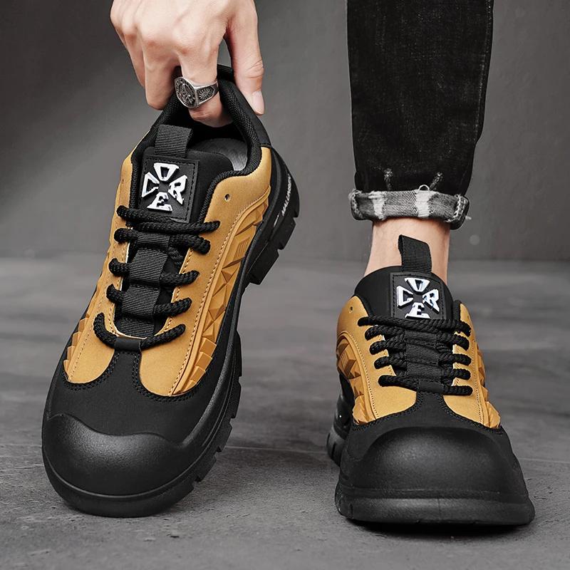 Fashion Men's Retro Style Trendy Sports Outdoor Thick Soled Mountaineering Anti Slip Spring Fashion Lace Up Workwear Shoes Large Size