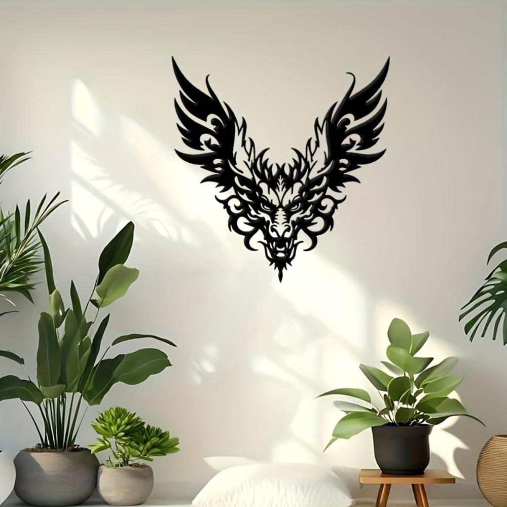 Metal Dragon Head Wall Sculpture Winged Handcrafted Iron Black Art for Outdoor Office Decor Asian Theme Gift Christmas Halloween Birthday