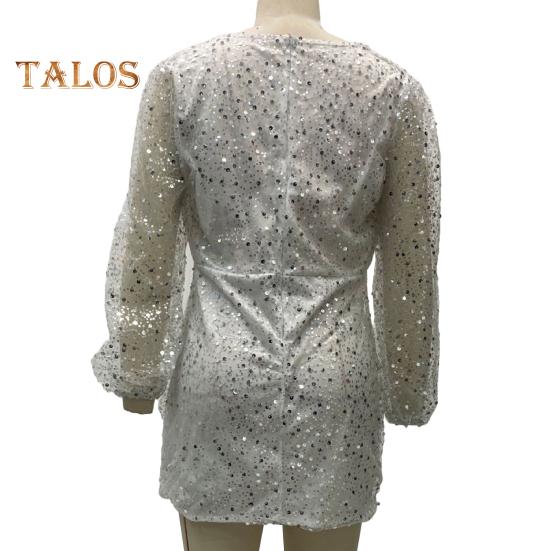 Sexy, figurbetontes Paillettenkleid für Damen, durchsichtiges, langärmliges Minikleid mit tiefem V-Ausschnitt, funkelndes Abend- und Partykleid für Nachtclubs