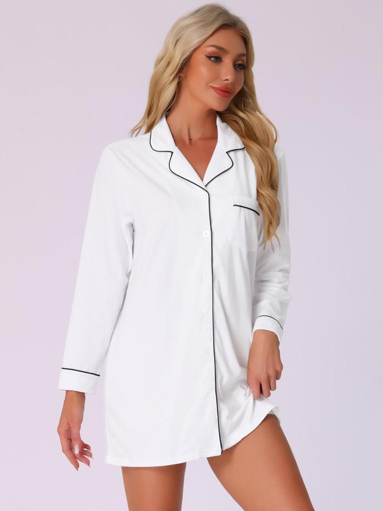 Cheibear Summer Pajama Shirt Long Sleeve Size XS Women's Dress, Button-Down, White,
