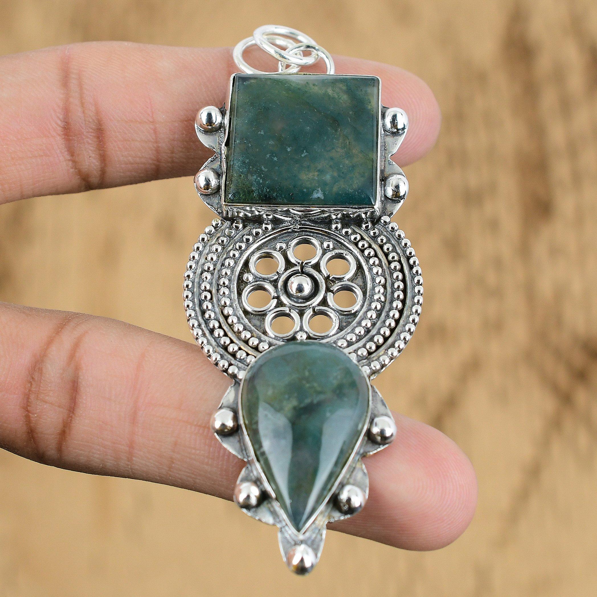 

Solar Moss Agate Gemstone Unique Daughter Ethnic New Pendant Jewelry 925 Silver