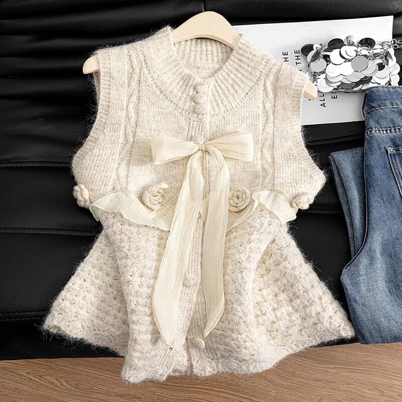 Shechi Women's Sweet Bowknot Knitted Vest with 3D Floral Lace