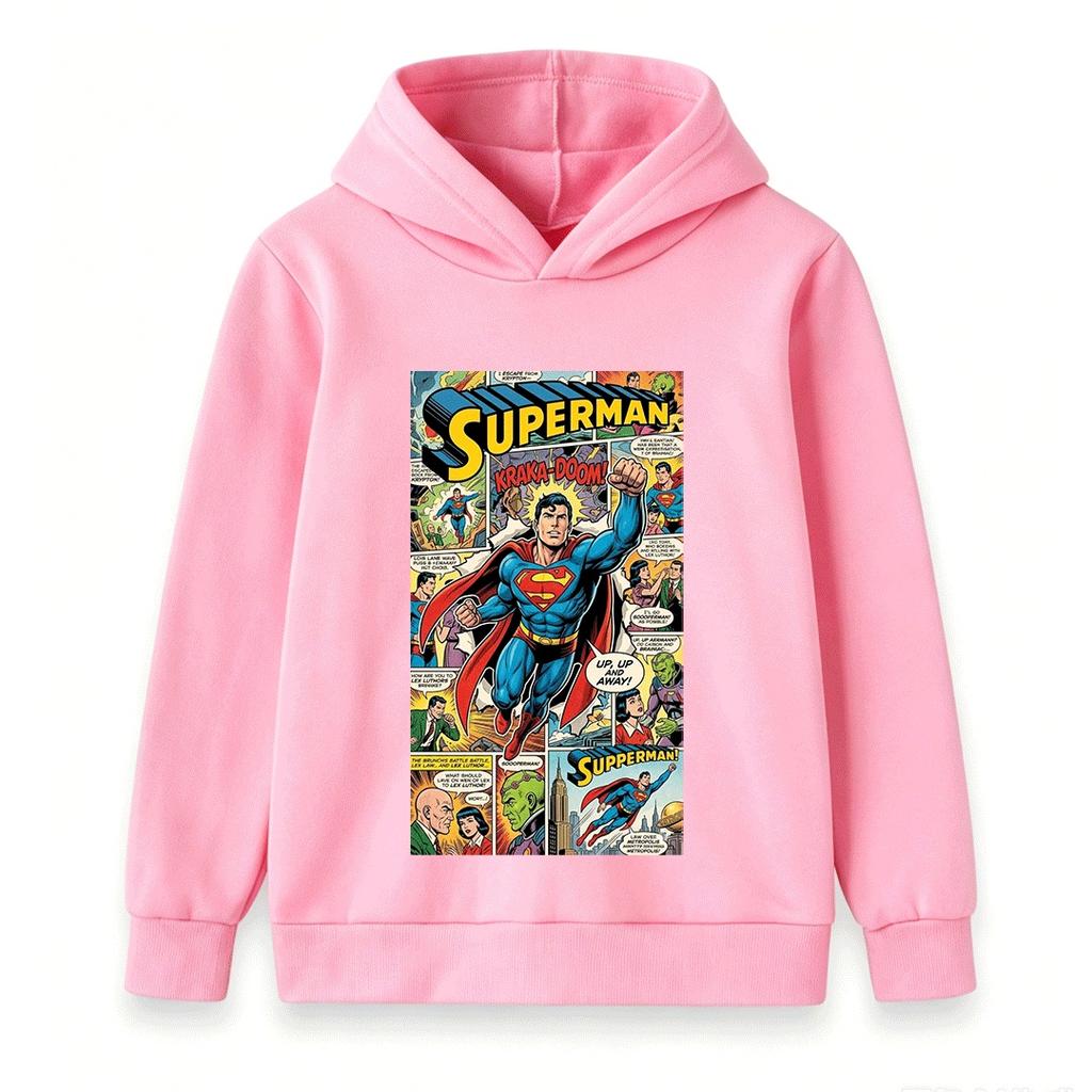 Kids Boys Girls Pullover Hoodie, Retro Comic Print Long Sleeve Casual Hooded Sweatshirt for Super Hero Themed Daily Wear