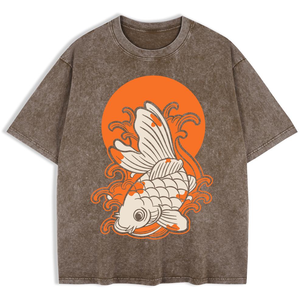 Japanese Koi Harajuku Printed Washed T-Shirts Mens Cotton Oversize T Shirt Summer O-Neck Short Sleeve Tops Casual Men Clothes