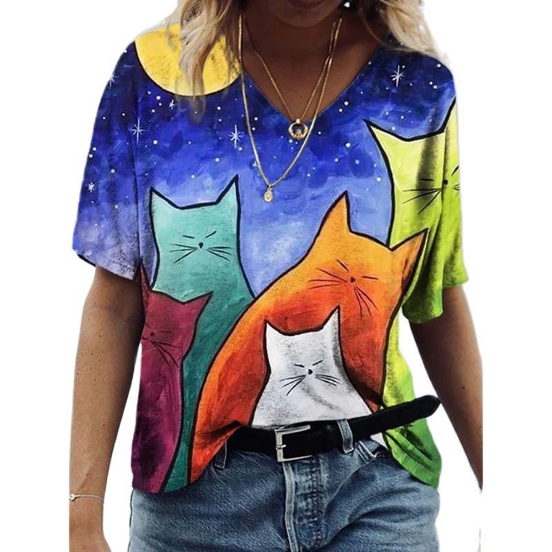 Women's 3d Cats Print T-Shirt Fashion Woman Blouses 2023 Funny Kawaii V-Neck T Shirt Female Clothing Oversized Summer Tops Tees
