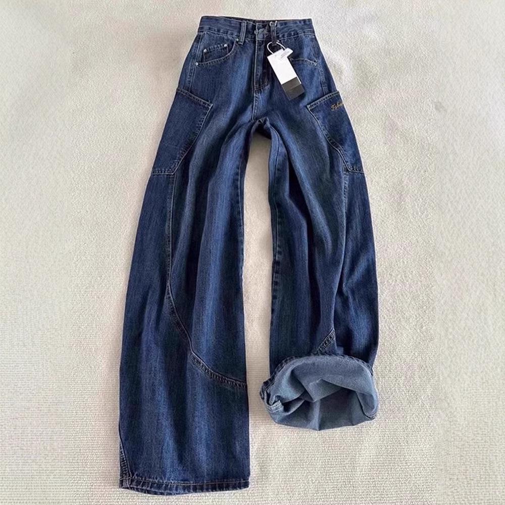 Retro Korean Blue Scimitar Jeans: Women's High-Waist, Wide-Leg, Loose Fit for Spring & Autumn.